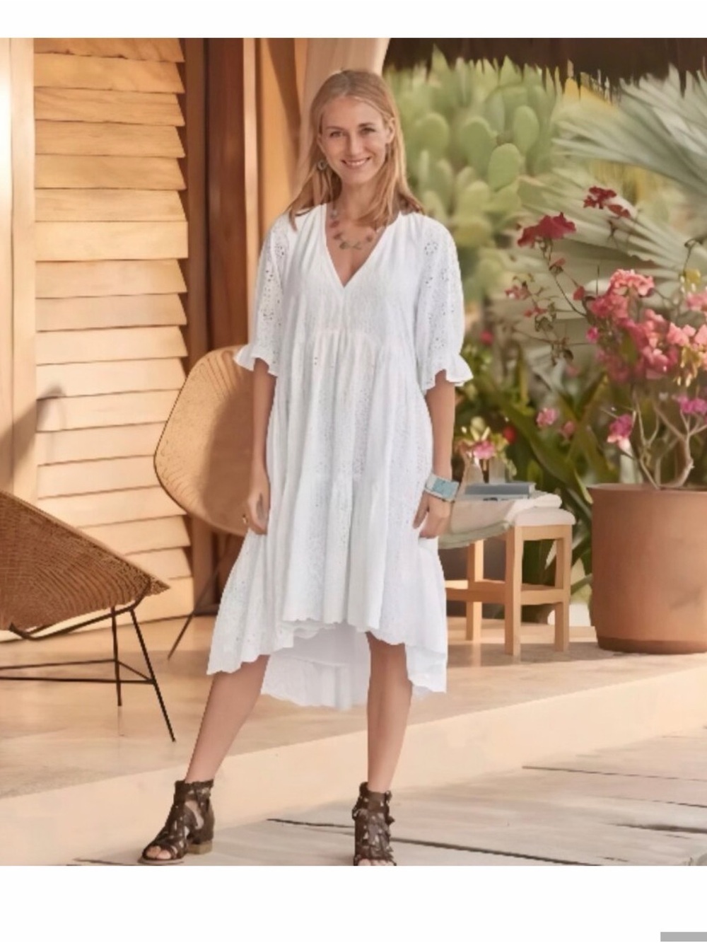 Sundance White Eyelet “Jasmine” Large  Boho Oversized V‑Neck Midi Dress 
